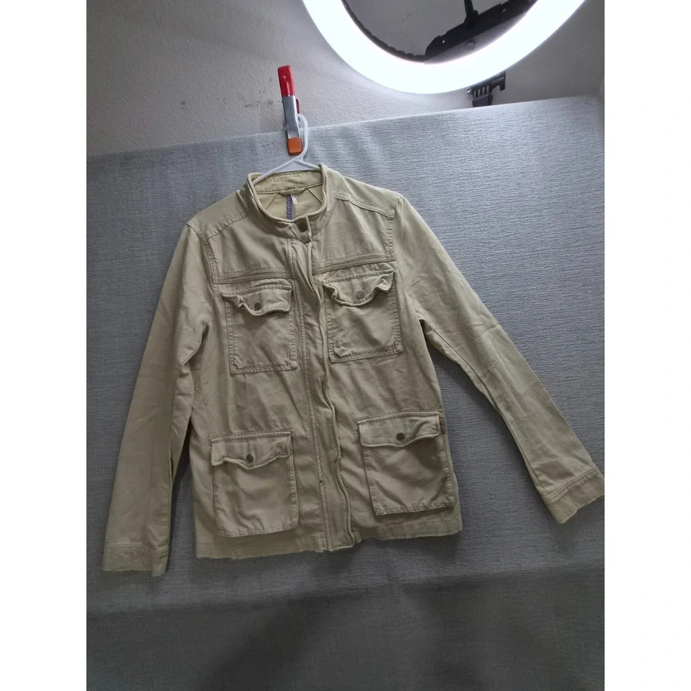 Free People Military Jacket Women Large Beige Utility Pockets Full Zip Mock Neck - Picture 1 of 16